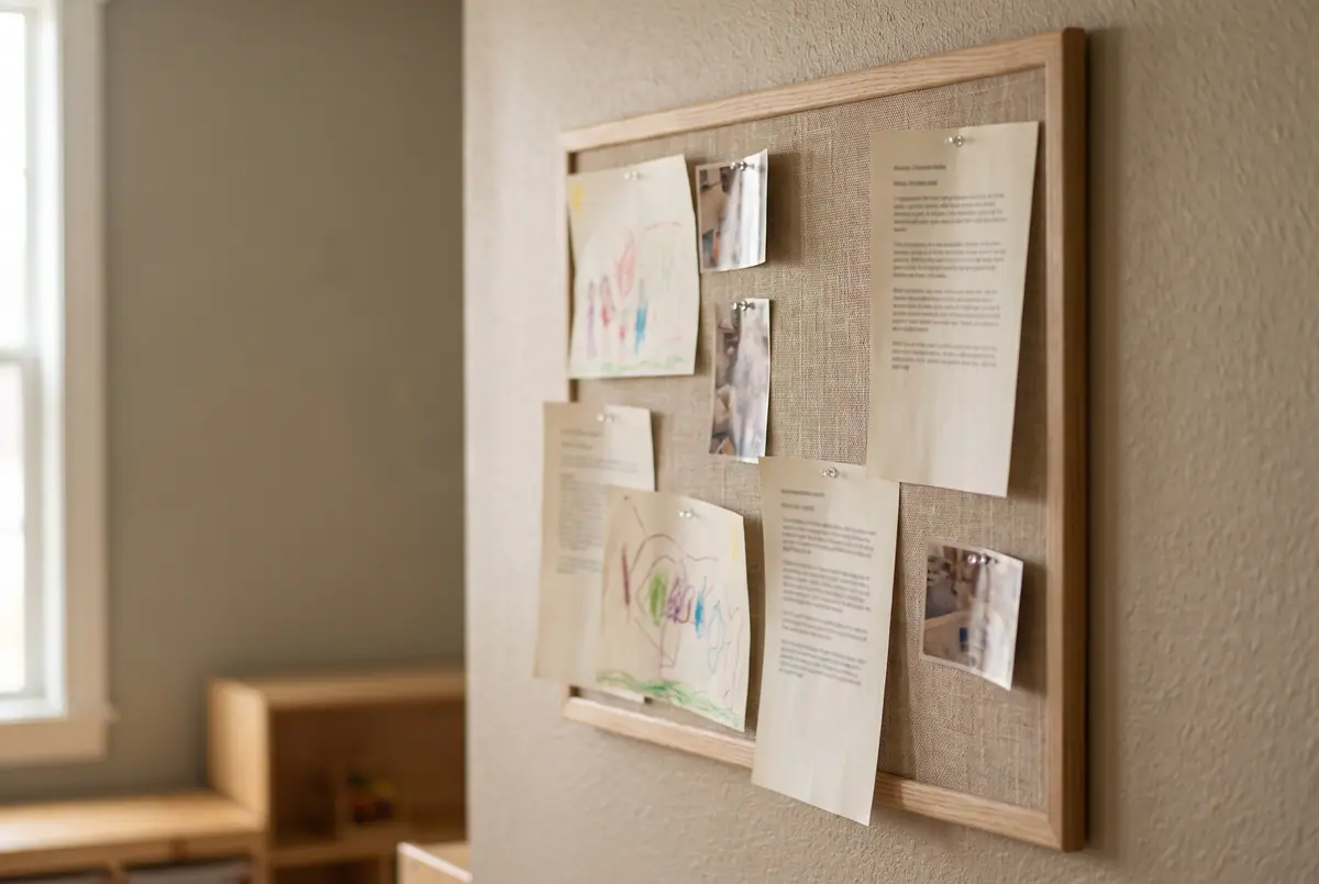 A documentation panel on a classroom wall: children’s drawings pinned beside typed observation notes and photographs on a linen board