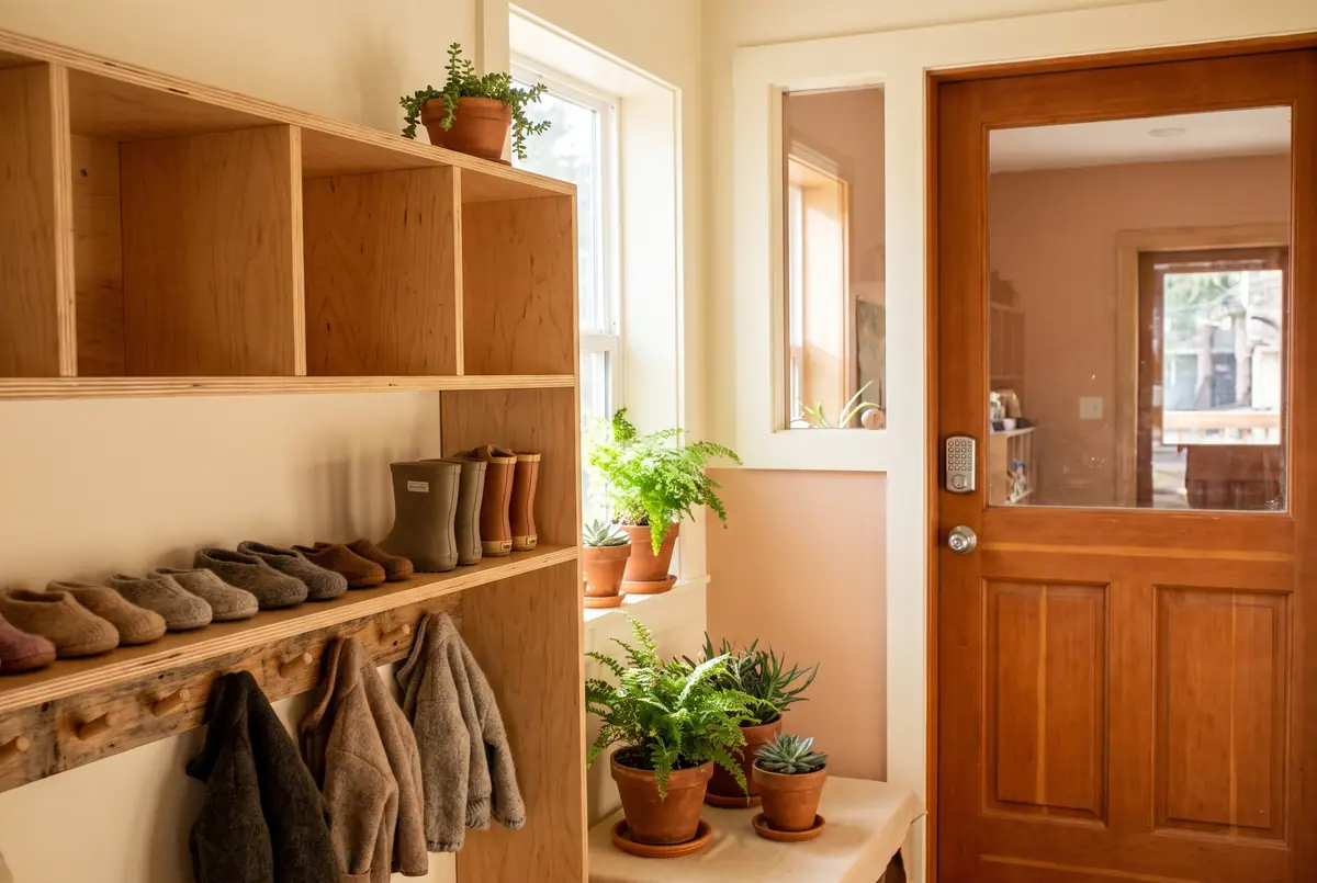 The entry vestibule: plywood cubbies with small rain boots, coat pegs at child height and a sturdy wooden door with a keypad