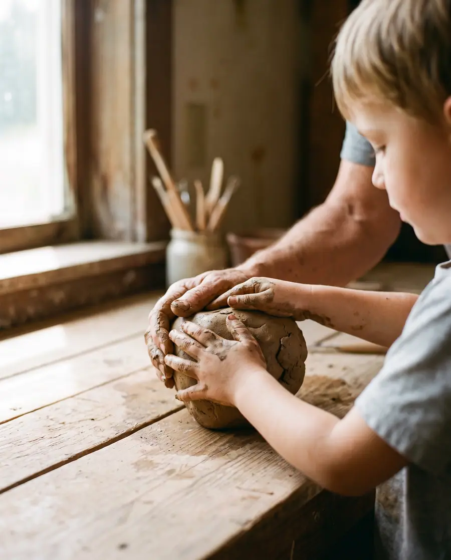 A small child’s hands and an adult’s hands together working wet clay on a wooden board