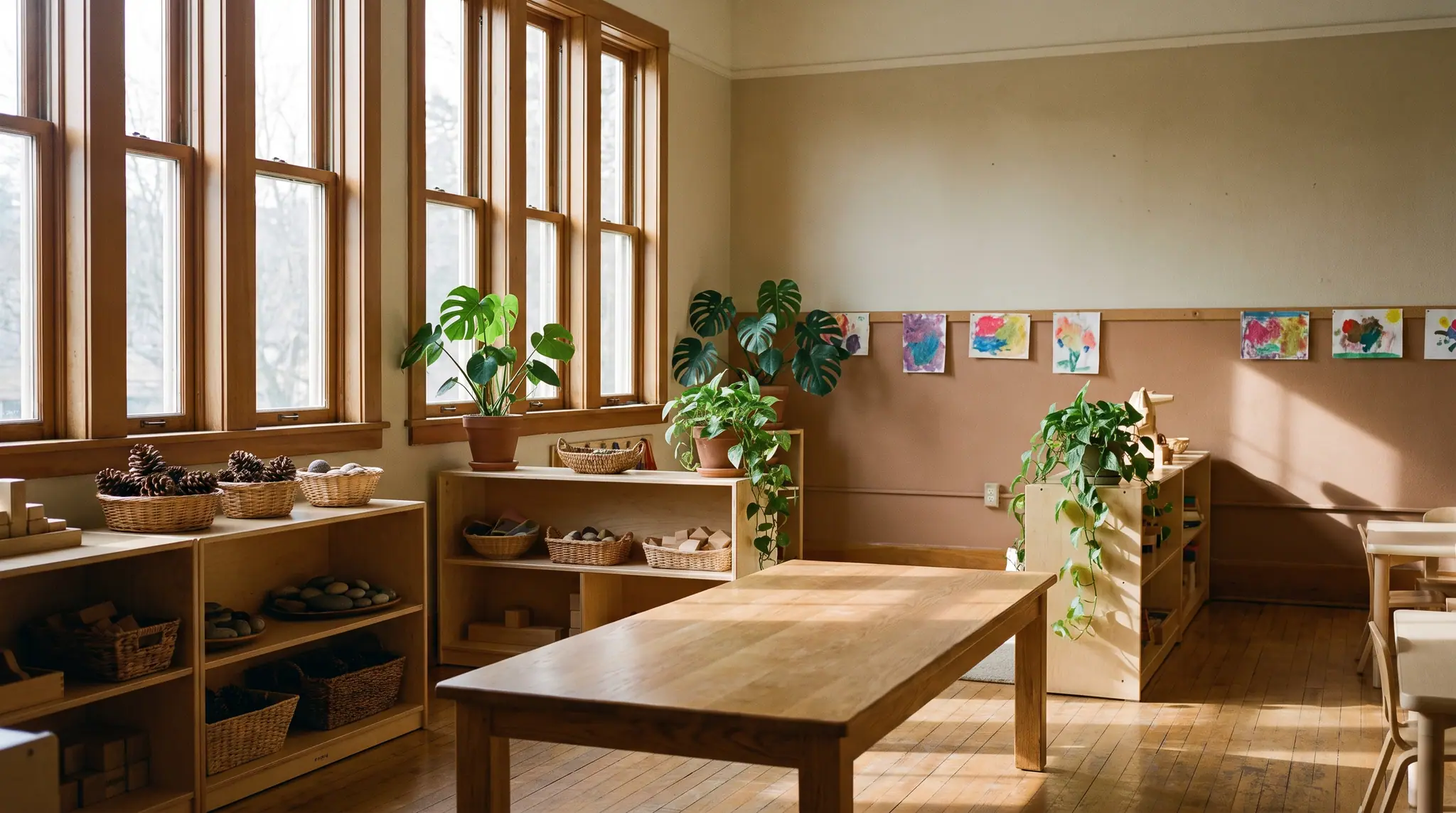 A Reggio-inspired classroom in Portland: tall wooden windows, birch shelving with baskets of pinecones and stones, plants, and children’s paintings pinned along one wall
