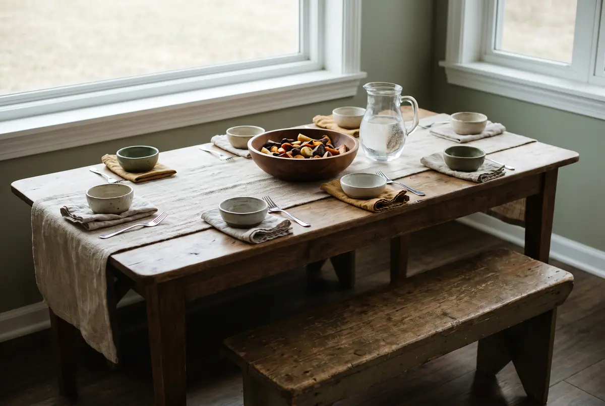 A small preschool dining table laid for lunch with ceramic bowls, small metal forks, a wooden bowl of roasted vegetables and a jug of water