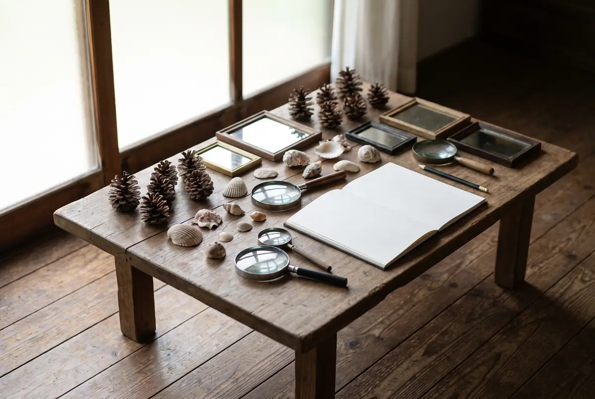 A provocation laid out before arrival: pinecones, shells, magnifying glasses, small mirrors and a sketchbook on a low wooden table