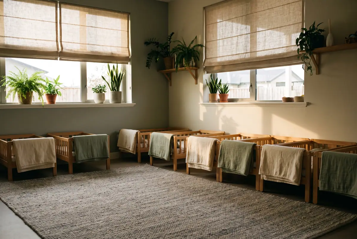 The rest room: low wooden cots in a row with folded cotton blankets, dimmed warm light and half-drawn linen blinds