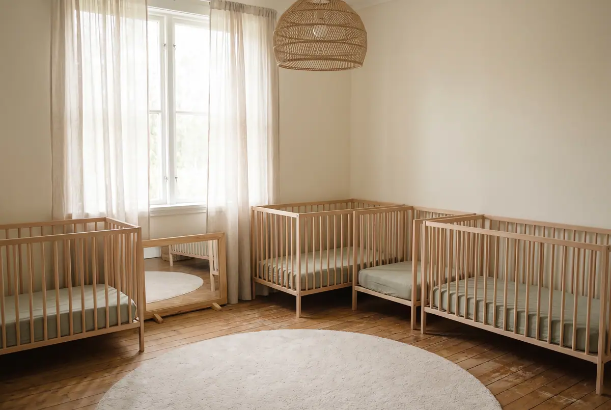 The infant room: three wooden slatted cribs with fitted sheets only, a low floor mirror and soft daylight through linen curtains