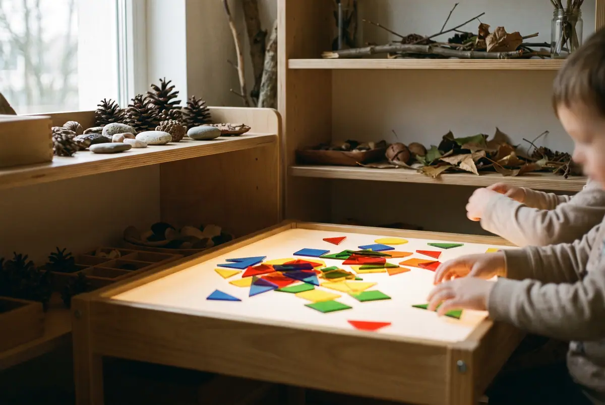 The preschool atelier corner: a wooden light table glowing with translucent coloured shapes and children’s hands sorting the pieces