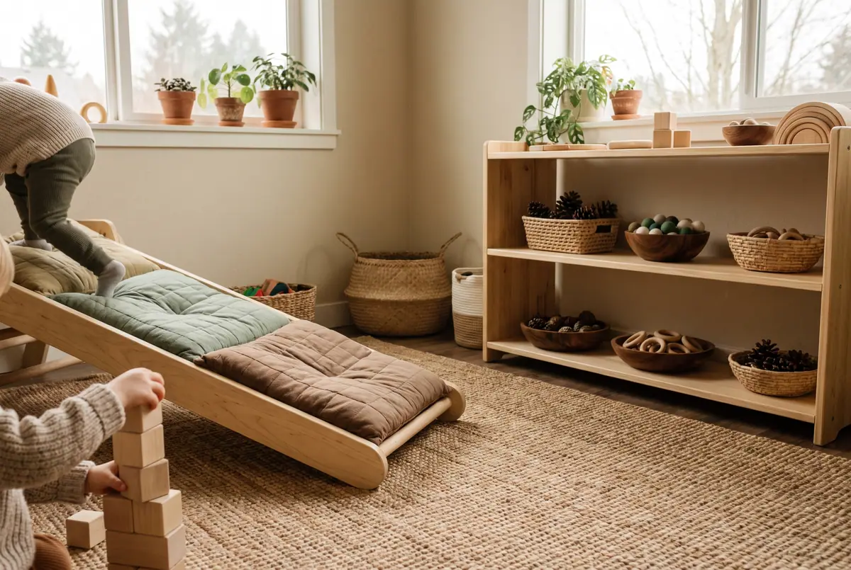 The toddler room: a low wooden climbing ramp, open shelves of natural loose parts and a child’s hands stacking wooden blocks